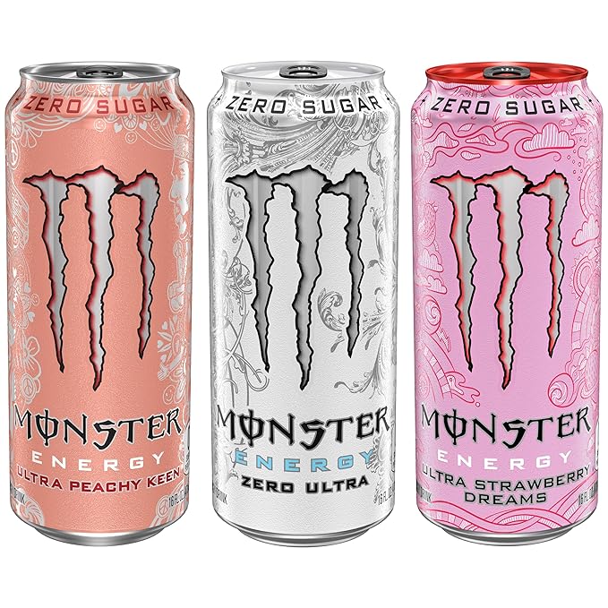 Monster Energy Ultra Variety Pack, Zero Ultra, Ultra Peachy Keen, Ultra Strawberry Dreams, Sugar Free Energy Drink, 16 Ounce (Pack of 15)