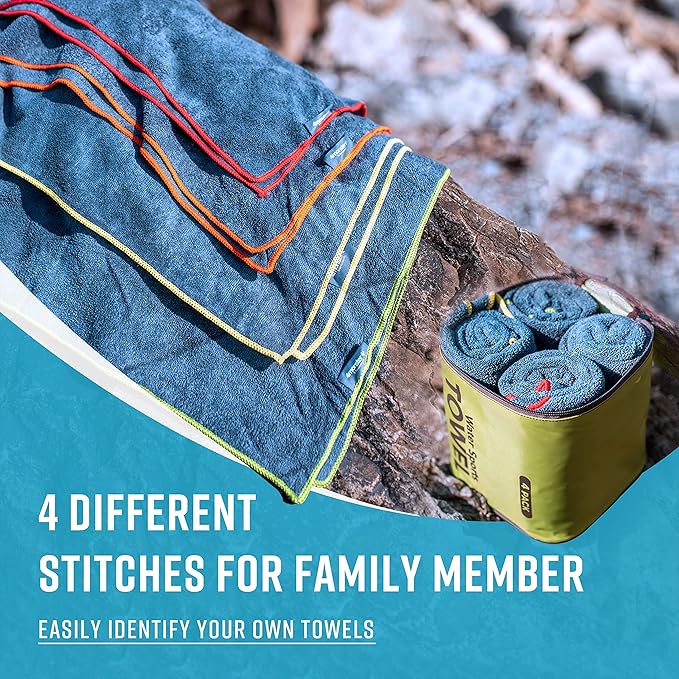 4Monster 4 Pack Microfiber Camping Towel Quick Dry, Super Absorbent Travel Towel with Waterproof Bag, Lightweight Boat Towel for RV, Sport, Gym, Beach, Pool, Swim,Family Trip