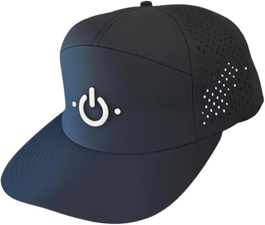 ModeCharge 7-Panel Black Baseball Hat, Waterproof, Laser-Cut Ventilation, Power Button Embroidered Logo