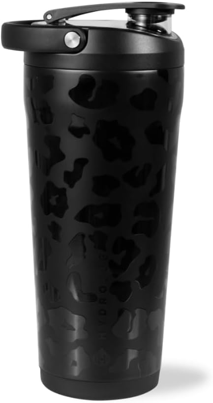 HydroJug 24 oz New Stainless Steel Shaker – Insulated, Leakproof, BPA-Free with Silent Mixing Grate – No Clumps, No Noise – Premium Shaker for Fitness, Sports & Everyday Use, Black Leopard
