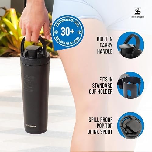 Ice Shaker Insulated Stainless Steel Shaker Bottle | 32oz, Black | Cold for 30+ Hours | Insulated Cup with Twist-on Agitator | Odor-Free Bottle for Protein Shakes, Water, Smoothies, Cocktails