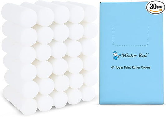 Mister Rui Foam Paint Roller Covers, Foam Paint Roller 4 Inch Sponge Paint Roller, Pack of 30, High Density Foam Brings Smooth Finishes, Perfect for Cabinets, Cupboards, Doors
