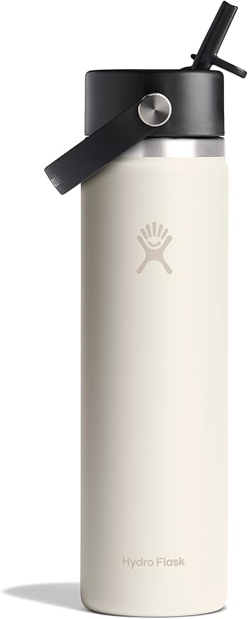Hydro Flask Water Bottle - Insulated Stainless Steel - Wide Mouth Flex Straw Lid, Non Spill, Leakproof and Refillable in 24 Oz Ivory