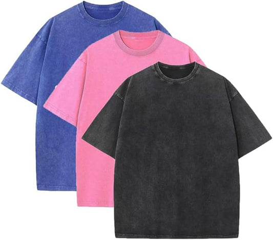 3 Pcs Men's Oversized Heavy Cotton Summer T-Shirts Vintage Tee Loose Fit Short Sleeve Casual Tshirts for Men Women