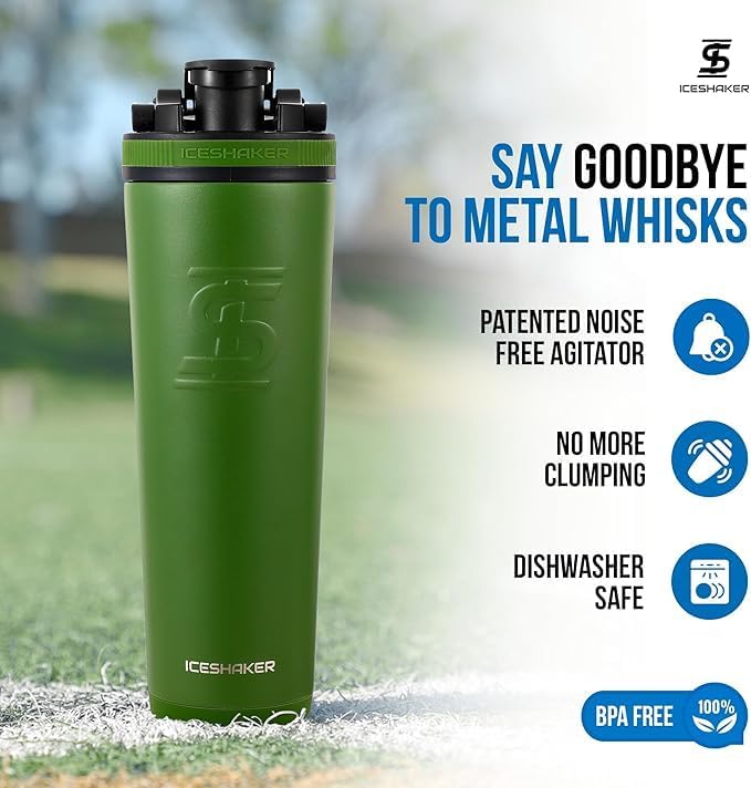 Ice Shaker Insulated Stainless Steel Shaker Bottle | 32oz, Green | Cold for 30+ Hours | Insulated Cup with Twist-on Agitator | Odor-Free Bottle for Protein Shakes, Water, Smoothies, Cocktails