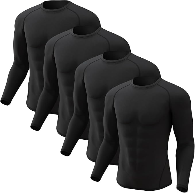 CL convallaria 4 Pack Compression Shirts Men Long Short Sleeve Cooling Dry Rash Guard Athletic Workout T Shirt for Sports