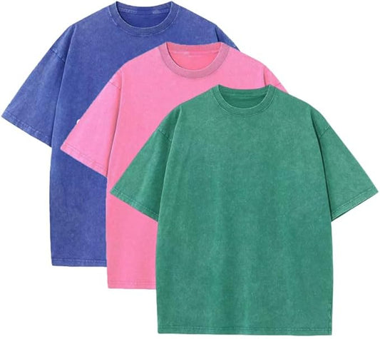 3 Pcs Men's Oversized Heavy Cotton Summer T-Shirts Vintage Tee Loose Fit Short Sleeve Casual Tshirts for Men Women