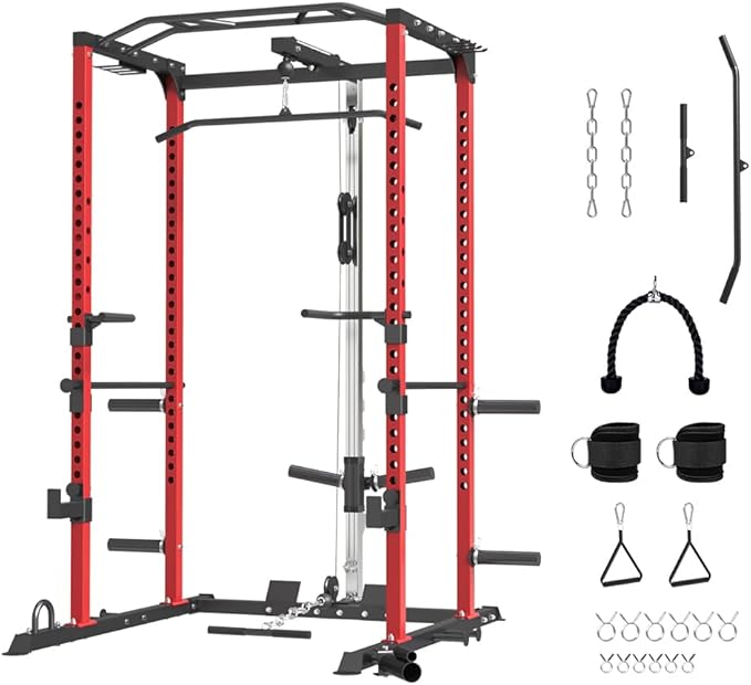 FAGUS Power Cage, Multi-Function Power Rack with LAT Pulldown, Seated Row, Cable Pulley System, J-Hooks, Dip Handles, Landmine, Squat Rack with Optional Cable Corssover, Smithe Attachment for Home Gym