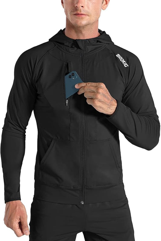 BROKIG Mens WindBreak Lightweight Running Jackets with Zip Pocket, Workout Track Hoodie Athletic Gym Sweatshirts Men
