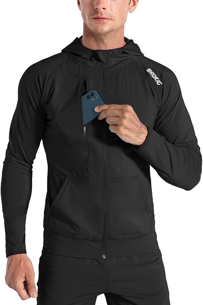 BROKIG Mens WindBreak Lightweight Running Jackets with Zip Pocket, Workout Track Hoodie Athletic Gym Sweatshirts Men