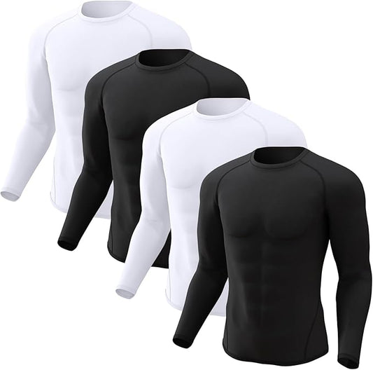 CL convallaria 4 Pack Compression Shirts Men Long Short Sleeve Cooling Dry Rash Guard Athletic Workout T Shirt for Sports
