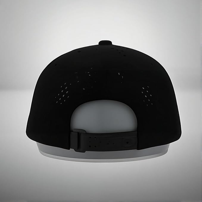ModeCharge 7-Panel Black Baseball Hat, Waterproof, Laser-Cut Ventilation, Power Button Embroidered Logo