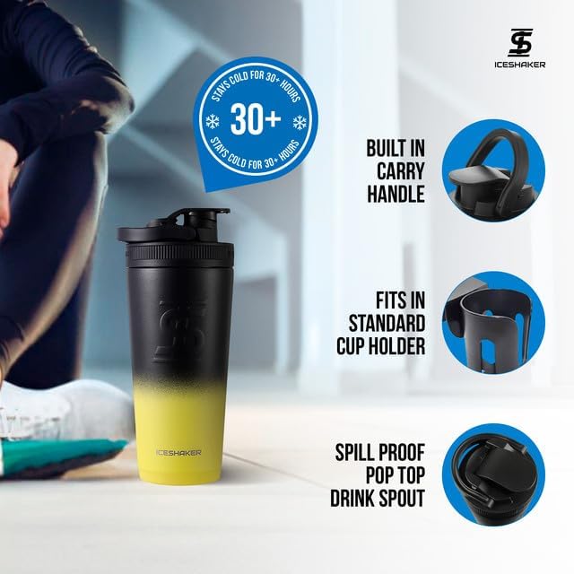 Ice Shaker Insulated Stainless Steel Shaker Bottle | 26oz, Yellow/black | Cold for 30+ Hours | Insulated Cup with Twist-on Agitator | Odor-Free Bottle for Protein Shakes, Water, Smoothies, Cocktails