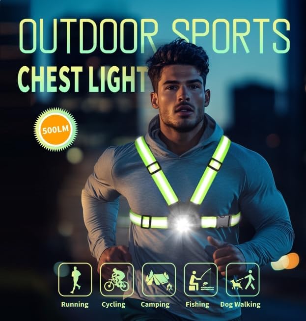 Running Lights for Runners, 500 Lumens Running Light with 45° Adjustable Tilt, 360° Reflective Vest & IPX4 Waterproof Rechargeable Light Up Gear for Night Walking/Cycling/Jogging/Hiking