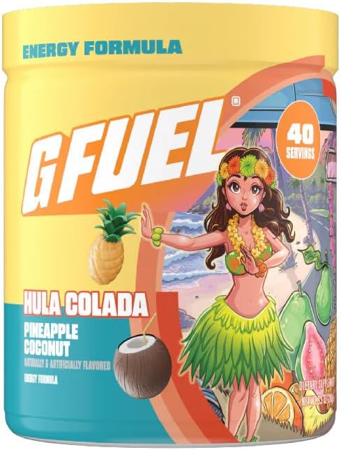 G Fuel Hula Colada Energy Drink Powder, Pre Workout Caffeine Mix for Gaming, Sugar Free Focus Amino, Vitamin + Antioxidants, 9.8oz (Pineapple Coconut, 40 Servings)
