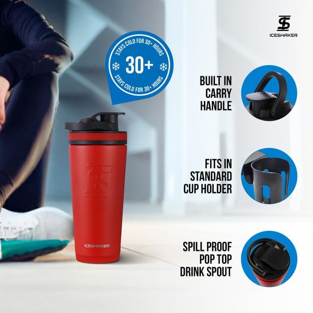 Ice Shaker Insulated Stainless Steel Shaker Bottle | 26oz, Red/Black | Cold for 30+ Hours | Insulated Cup with Twist-on Agitator | Odor-Free Bottle for Protein Shakes, Water, Smoothies, Cocktails