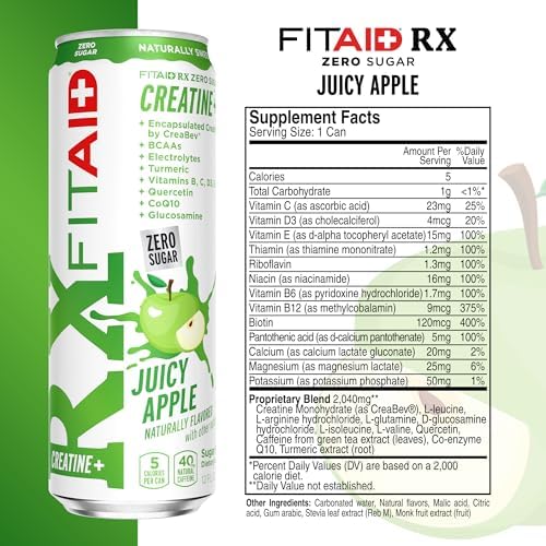 FITAID RX Zero Sugar, Encapsulated Creatine, Post-Workout Recovery Zero Sugar Drink, All-In-One Blend, BCAAs, Glucosamine, Turmeric, B-Complex, Electrolytes, Variety Pack, 12 Fl Oz (Pack of 12)