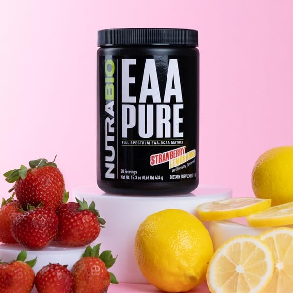 NutraBio – EAA Pure – 9 Amino Acids – Muscle Repair and Recovery, 30 Servings, Strawberry Lemon Bomb – Pre or Post Workout – All Day Recovery