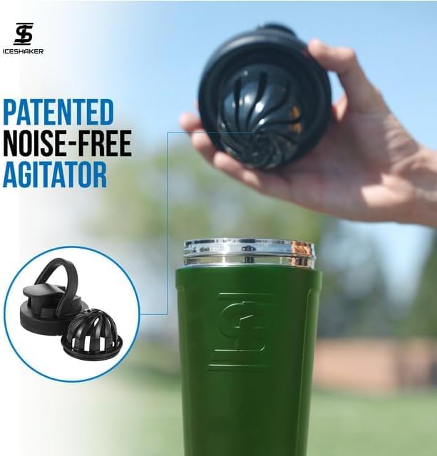Ice Shaker Insulated Stainless Steel Shaker Bottle | 26oz, Green | Cold for 30+ Hours | Insulated Cup with Twist-on Agitator | Odor-Free Bottle for Protein Shakes, Water, Smoothies, Cocktails
