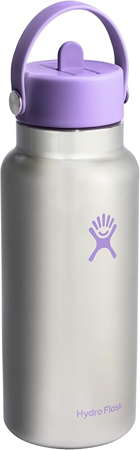 Hydro Flask Water Bottle - Insulated Stainless Steel - Wide Mouth Flex Straw Lid, Non Spill, Leakproof and Refillable in 32 Oz Stainless Steel Violet