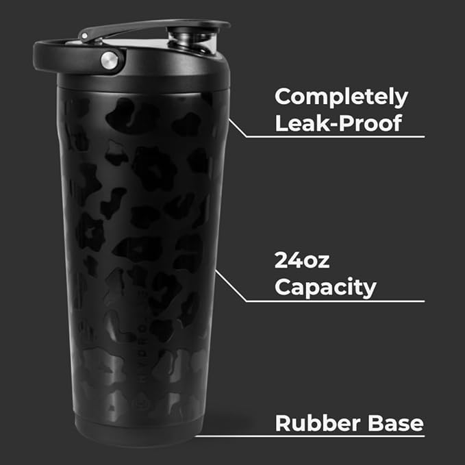 HydroJug 24 oz New Stainless Steel Shaker – Insulated, Leakproof, BPA-Free with Silent Mixing Grate – No Clumps, No Noise – Premium Shaker for Fitness, Sports & Everyday Use, Black Leopard