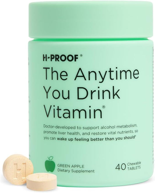 H-PROOF The Anytime You Drink Vitamin, Liver Health & Immunity Support with Electrolytes, Milk Thistle, and Vitamins B & C - 40 Chewable Tablets (20 Servings), Vegan, Green Apple