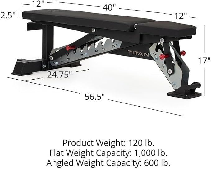 Titan Fitness TITAN Series Adjustable Bench, Supports 600 LB Incline, 1,000 LB Flat, Versatile Single Post Utility Workout Bench for Home Gym, Weightlifting, Strength Training