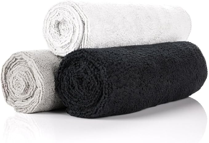 The Rag Company - Sport & Workout Towel - Gym, Exercise, Fitness, Sport, Ultra Soft, Super Absorbent, Fast Drying Premium Microfiber, 320gsm, 16in x 27in, White + Ice Grey + Black - 3-Pack