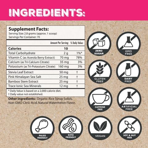 Superieur Electrolytes – Plant Based Electrolyte Supplement w/Sea Minerals for Hydration & Recovery – Keto Friendly, Non-GMO, Zero Sugar, Vegan Healthy Sports Drink Powder – Watermelon (70 Servings)