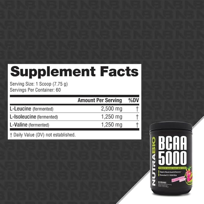 NutraBio BCAA 5000 Powder - Vegan Fermented BCAAs - Supports Lean Muscle Growth, Recovery, Endurance - 60 Servings - Dragonfruit Candy