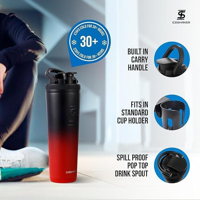Ice Shaker Insulated Stainless Steel Shaker Bottle | 32oz, Red/Black | Cold for 30+ Hours | Insulated Cup with Twist-on Agitator | Odor-Free Bottle for Protein Shakes, Water, Smoothies, Cocktails