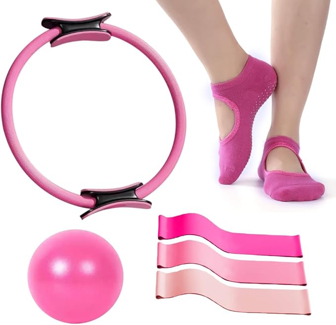 Pilates Ring and Ball Set, 6 Pcs Home Pilates Kit with 13” Circle Circle Yoga Ring 3 Resistance Bands 9.8” Pilates Ball Pilates Grip Socks, Pilates Essential Kit for Women Girl Home Workouts