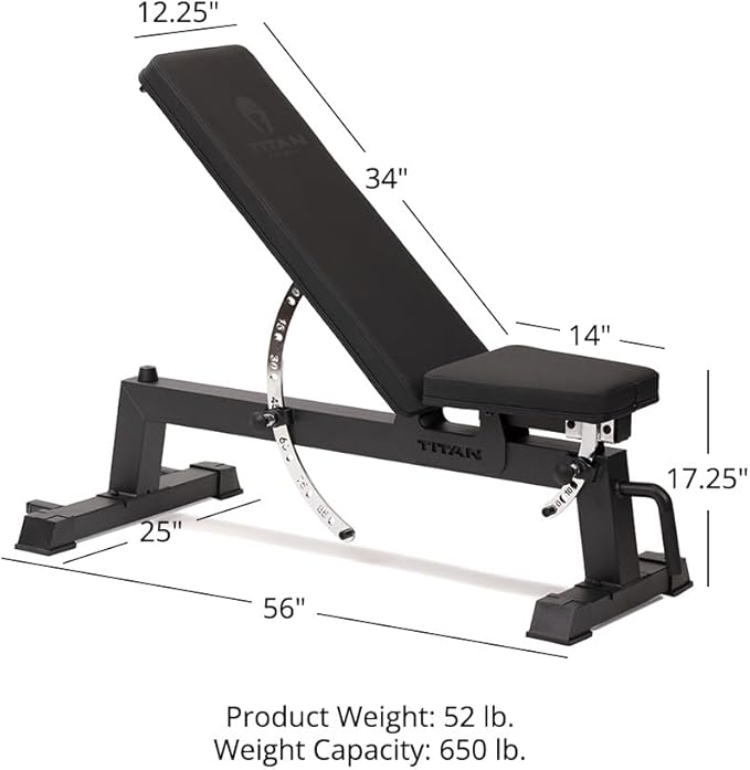 Titan Fitness Performance Series Adjustable Bench, Supports 650 LB Incline, Versatile Utility Bench for Home Gym Weightlifting,Strength Training, Flat, Incline, Upright Positions