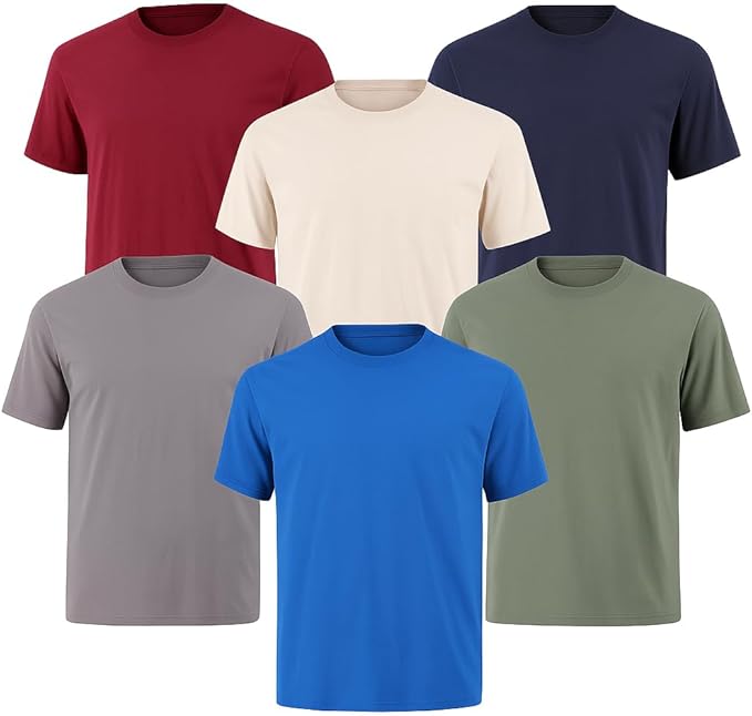 6-Pack Bulk Men’s T-Shirts – Soft Pre-Shrunk Premium Cotton, Short Sleeves, Reinforced Collar, Crew Neck, Casual Fit