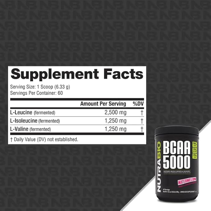 NutraBio BCAA 5000 Powder - Vegan Fermented BCAAs - Supports Lean Muscle Growth, Recovery, Endurance - 60 Servings - Watermelon