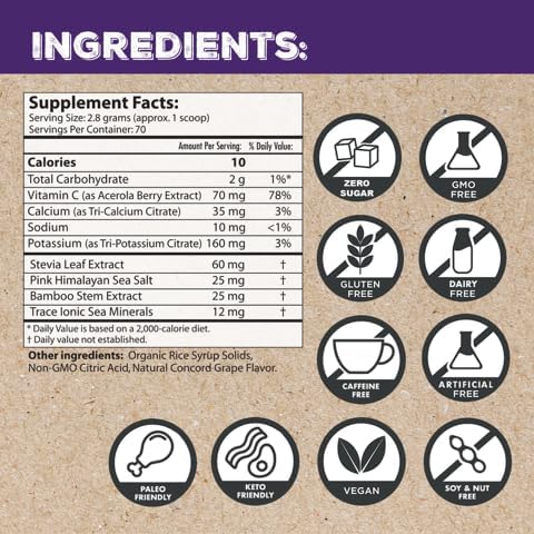 Superieur Electrolytes – Plant Based Electrolyte Supplement w/Sea Minerals for Hydration & Recovery–Keto Friendly, Non-GMO, Zero Sugar, Vegan Healthy Sports Drink Powder – Concord Grape (70 Servings)