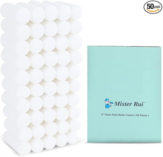 Mister Rui Foam Paint Roller, Mister Rui Foam Paint Roller Covers, 4 Inch Sponge Paint Roller, Pack of 50, High Density Foam Brings Even Finishes, Perfect for Cabinets, Cupboards, Doors
