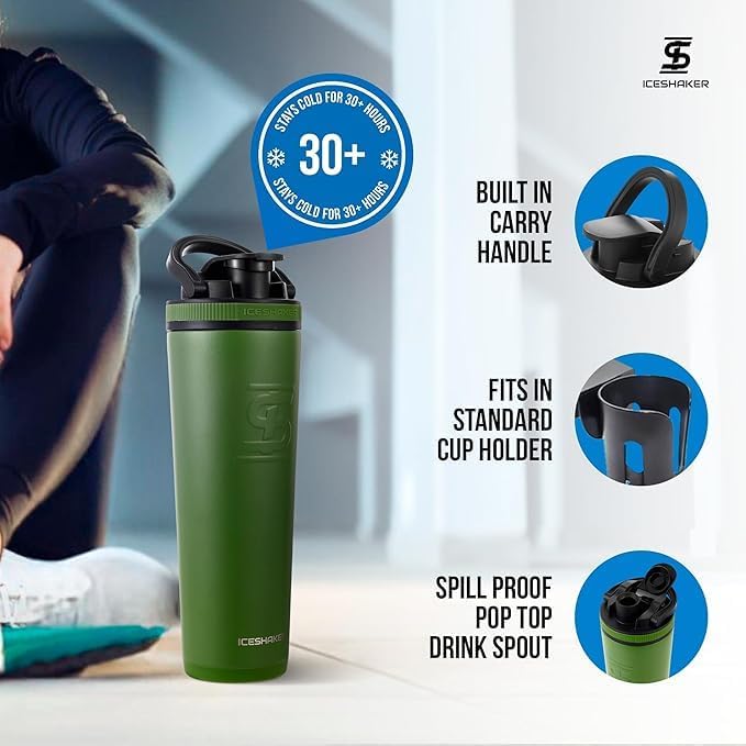 Ice Shaker Insulated Stainless Steel Shaker Bottle | 32oz, Green | Cold for 30+ Hours | Insulated Cup with Twist-on Agitator | Odor-Free Bottle for Protein Shakes, Water, Smoothies, Cocktails