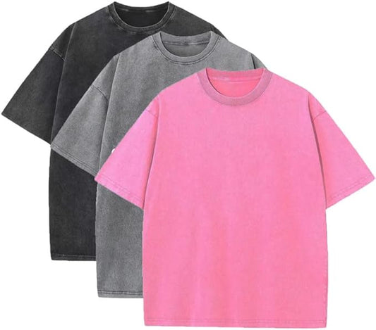 3 Pcs Men's Oversized Heavy Cotton Summer T-Shirts Vintage Tee Loose Fit Short Sleeve Casual Tshirts for Men Women