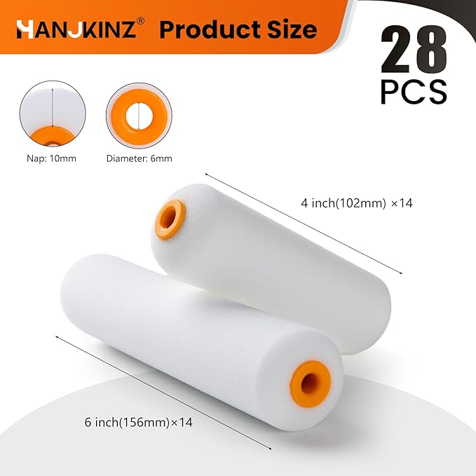 Foam Paint Roller, 28 Pack, 4 Inch and 6 Inch Mini Paint Roller Covers, High Density Foam Paint Roller, Small Paint Rollers for All Flat Surfaces, Suitable for Wall, Doors