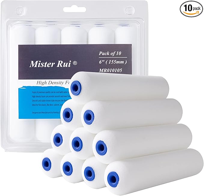 Mister Rui Foam Paint Roller Cover, 6 Inch Sponge Paint Roller Sleeve, Pack of 10, Foam of Premium Quality Can Be Used with Water and Oil Based Paints