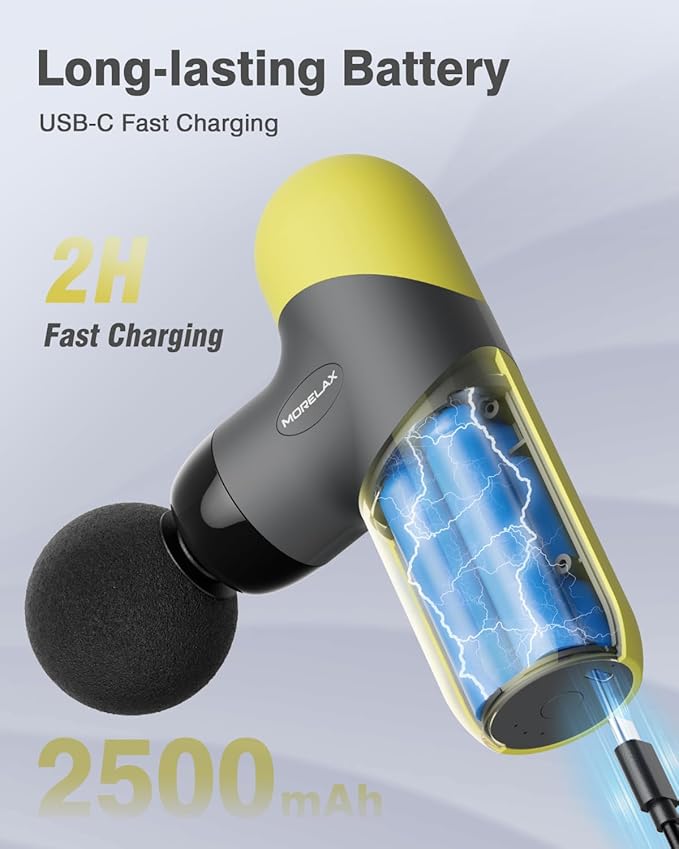 Morelax Mini Massage Gun Portable Deep Tissue Muscle Percussion Massager, Electric Handheld Sport Massager with 6 Massage Heads 4 Speed, Best Gift (Yellow)