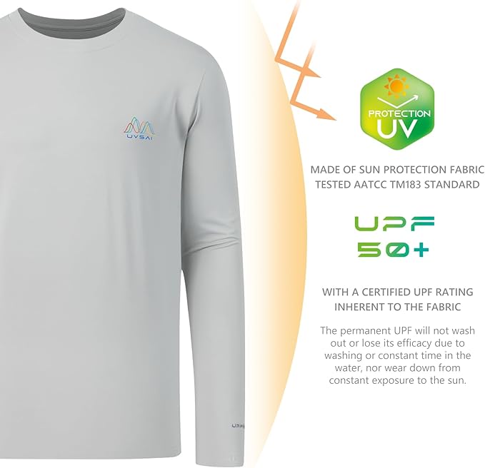 Men’s UPF 50+ Long Sleeve Performance T-Shirts Permanent UV Protective Quick Dry for Everyday Hiking Fishing Beach