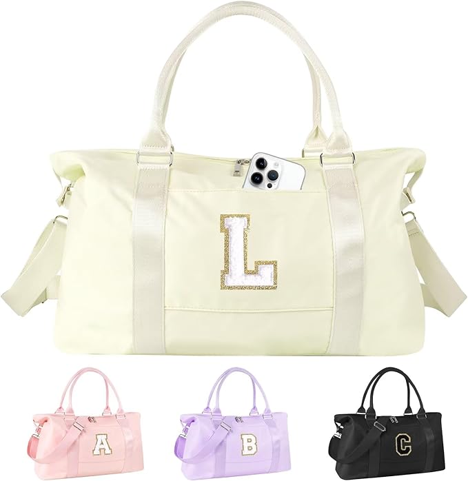 Dance Gym Duffel Bag for Teen Girls, Personalized Initial Travel Weekender Bag,Cute Overnight Carry On Duffle for Women,Sports Travel Cheer Bag,Monogram Christmas Gifts for Tween Preppy(beige-L)