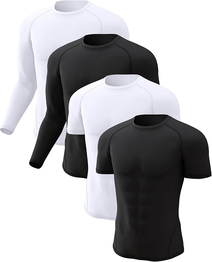 CL convallaria 4 Pack Compression Shirts Men Long Short Sleeve Cooling Dry Rash Guard Athletic Workout T Shirt for Sports
