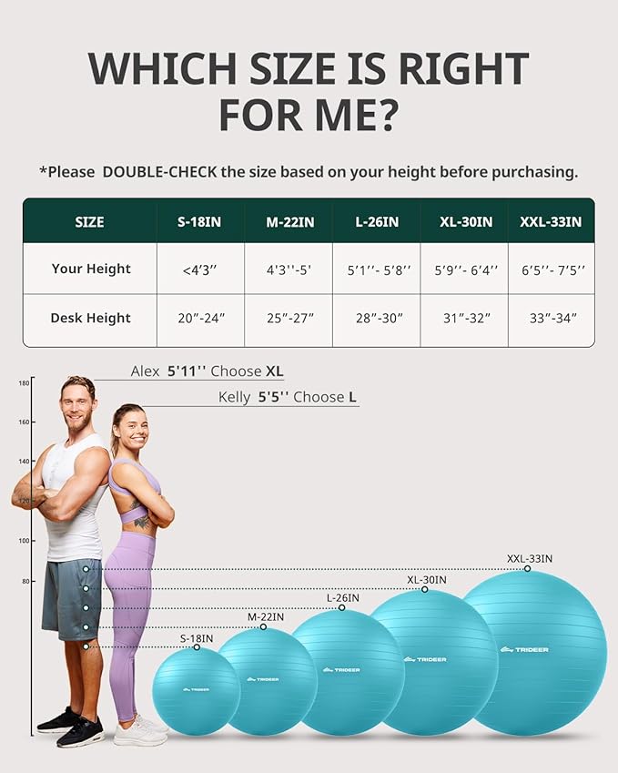 Trideer Extra Thick Yoga Ball Exercise Ball, 5 Sizes Gym Ball, Heavy Duty Ball Chair for Balance, Stability, Pregnancy, Quick Pump Included