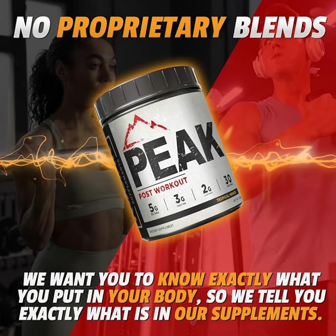 Peak Post Workout - BCAA 2:1:1 Creatine - Glutamine - Muscle Recovery and Strength Building Supplement - 30 Servings - Tropical Mango