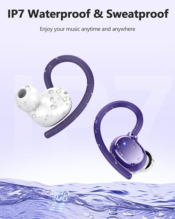 Wireless Bluetooth Earbuds Sport 128H Playtime Bluetooth 5.3 Headphones with LED Display Powerful Bass Over Ear Earphones with Earhooks IP7 Waterproof