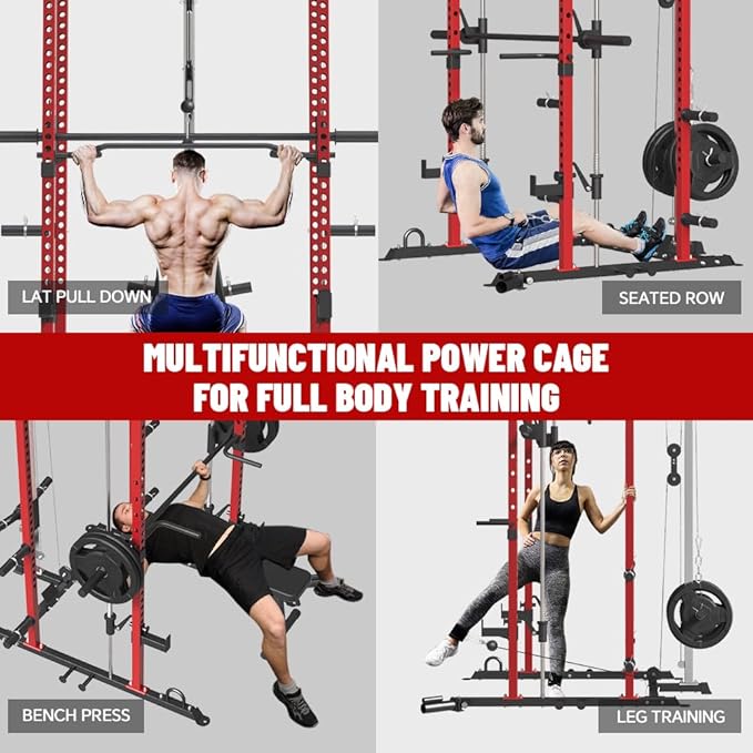 FAGUS Power Cage, Multi-Function Power Rack with LAT Pulldown, Seated Row, Cable Pulley System, J-Hooks, Dip Handles, Landmine, Squat Rack with Optional Cable Corssover, Smithe Attachment for Home Gym