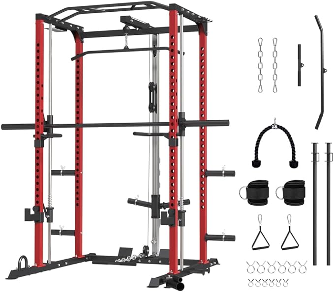 FAGUS Power Cage, Multi-Function Power Rack with LAT Pulldown, Seated Row, Cable Pulley System, J-Hooks, Dip Handles, Landmine, Squat Rack with Optional Cable Corssover, Smithe Attachment for Home Gym